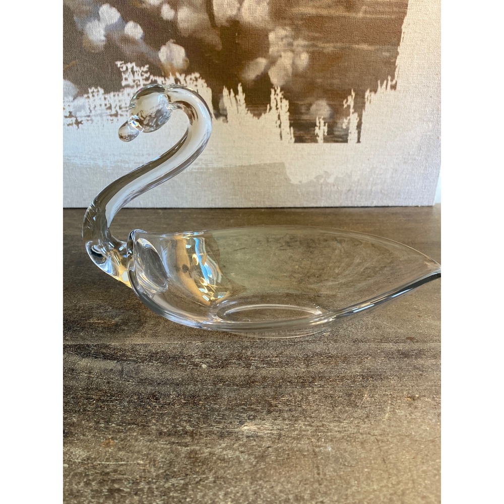 Vintage Clear Art Glass Swan Trinket Dish Hand Blown Bird Figurine Catchall